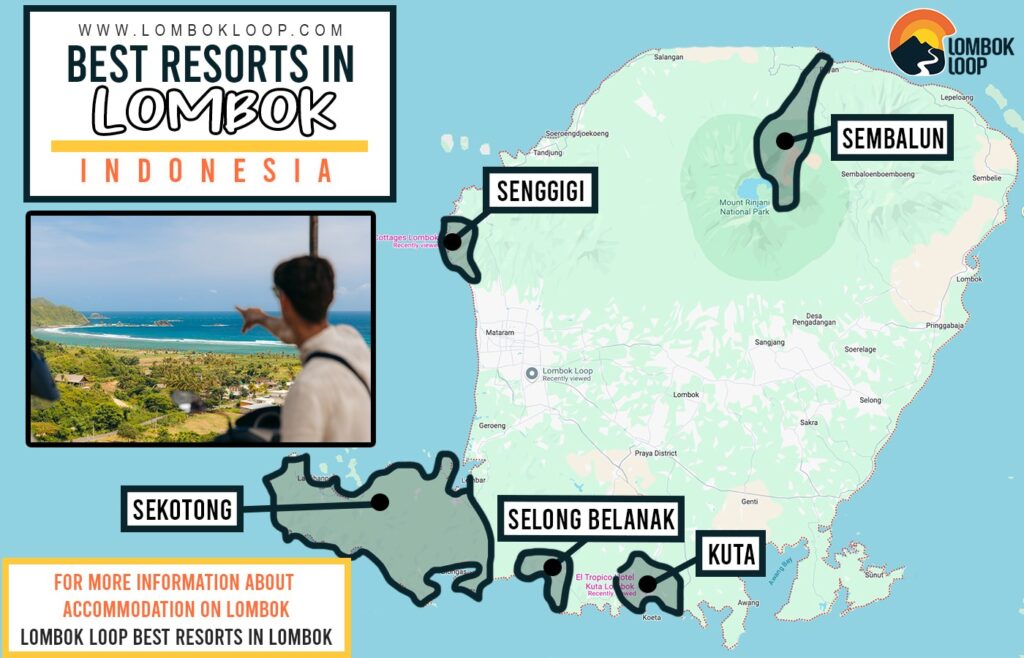 Map showing the areas for the best resorts in Lombok