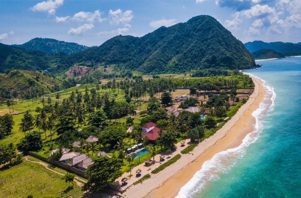 Segara Lombok Beach Resort aerial view over beach