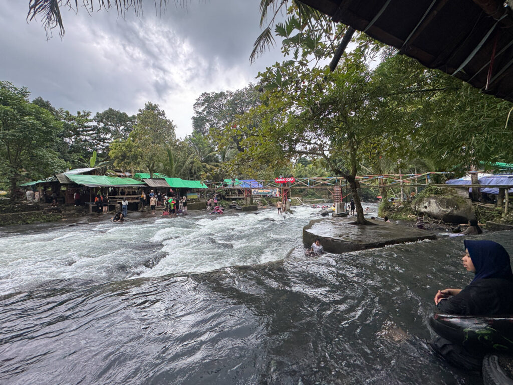 Lombok River tubing: How to Visit Bawak Goak Sesaot 2 Restaurant view from other side of the river at Bawak Goak Sesaot