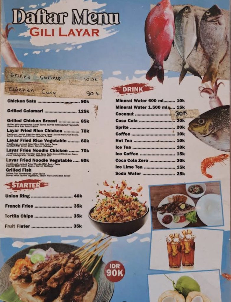 Menu at Gili Layar nearby Lombok